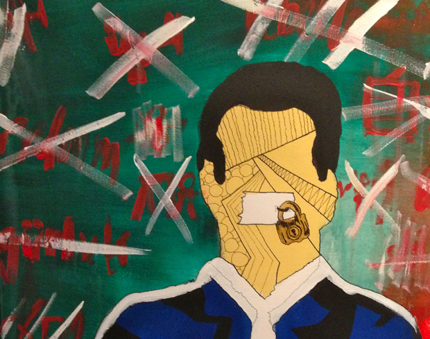 A detail of the work, Speech Strike, a man whose mouth is taped over and locked stands in front of a background of crossed out words.