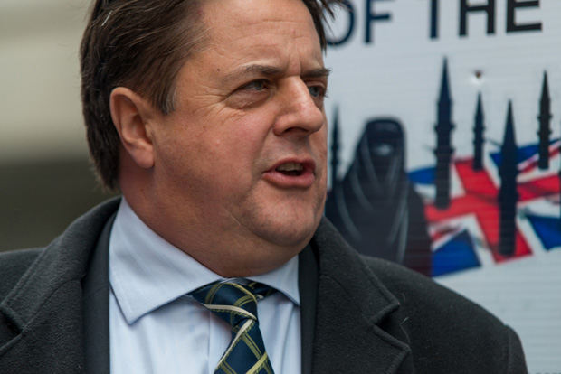 Nick Griffin outside the Old Bailey court with his supporters for the first day of the trial of the murder of Lee Rigby (Image: 