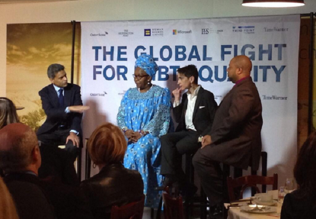 Fareed Zakaria (left) chaired two panels of LGBT activists at Davos. The first (above) consisted of Alice Nkom, Masha Gessen and Dane Lewis (Image: Twitter/@m_delamerced)