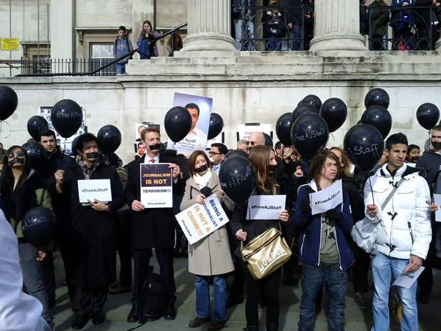 A London protest calling for the release of jailed Al Jazeera journalists in Egypt (Image: Index on Censorship)