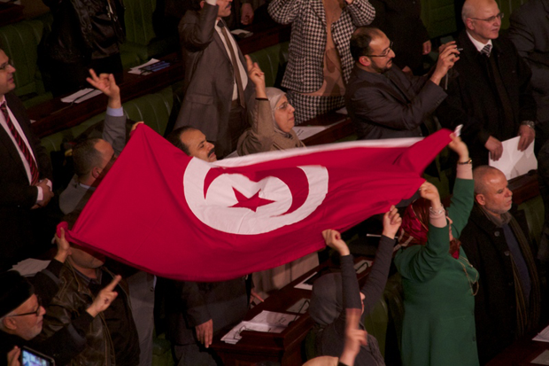 After decades of dictatorship and two years of arguments and compromises, Tunisians finally have a new constitution laying the foundations for a new democracy. Deputies celebrating the ratification of the new constitution for Tunisia. (Photo: Mohamed Krit / Demotix)