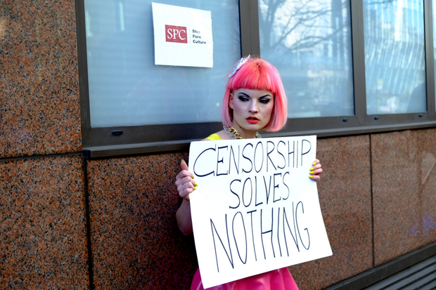 Protesters gathered outside a Stop Porn Culture conference in March 2014 organized by Gail Dines. Protesters included porn stars, filmmakers, artists, sex workers and supporters who believe in freedom of expression. (Photo: Rachel Megawhat / Demotix)