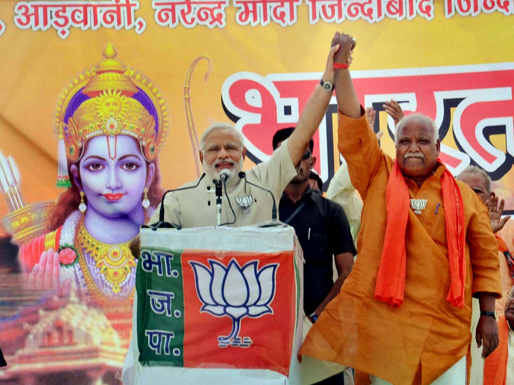 Modi invoked Lord Ram while addressing a meeting in Faizabad, barely six kilometres from Ayodhya. He shared the stage with the Faizabad candidate Lalu Singh who was issued a notice by the EC for displaying religious portraits. 