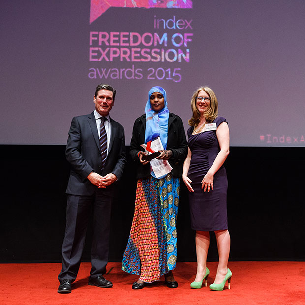 Doughty Street barrister Keir Starmer, campaigning award recipient Amran Abdundi and Index on Censorship CEO Jodie Ginsberg (Photo: Alex Brenner for Index on Censorship)