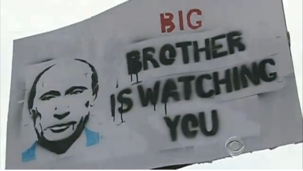Putin-Big-Brother Russian protesters waved this banner during December 2011 protests. (Credit: CBS News video. Screenshot by CNET's Jonathan Skillings).