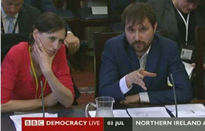 Mike Harris and Jo Glanville of English Pen, left, give evidence before the finance committee of the Northern Ireland Assembly on Wednesday.