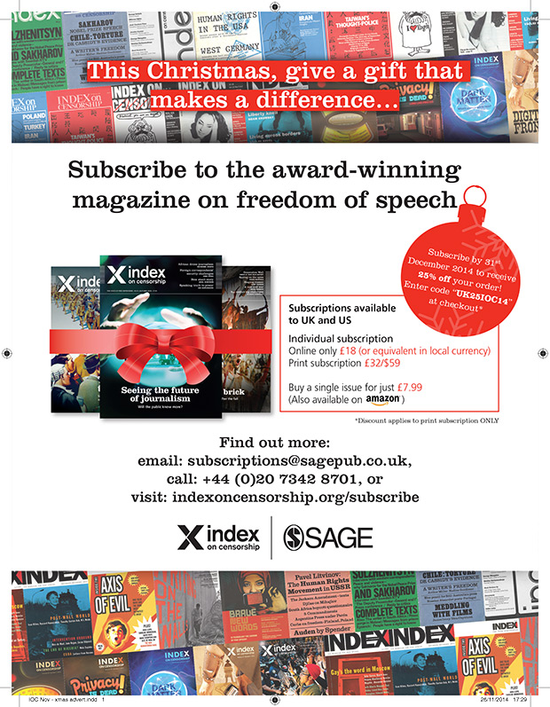 Special Christmas offer: 25% off print subscription to Index on Censorship magazine