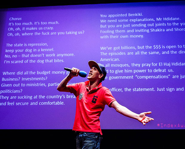 Moroccan rapper El Haqed, who was named the Index Arts award winner in March 2015, performed in London at The Barbican (Photo: Alex Brenner for Index on Censorship)