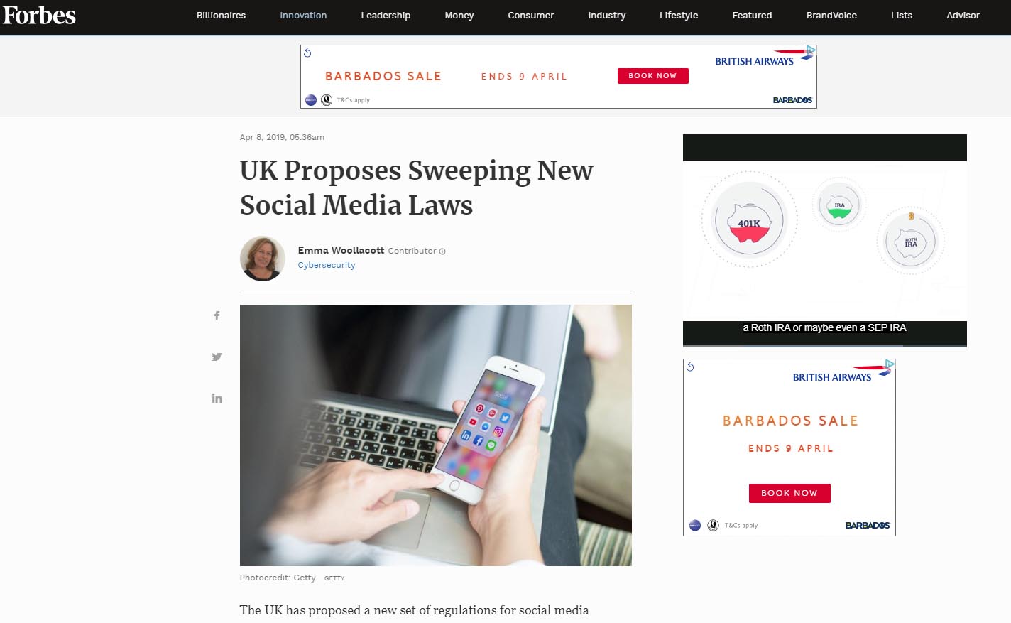 UK Proposes Sweeping New Social Media Laws (Forbes, 8 April 2019)