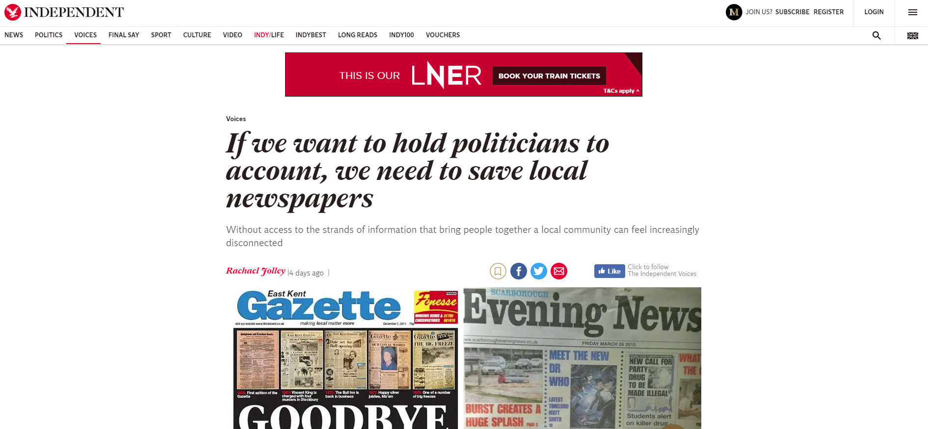 If we want to hold politicians to account, we need to save local newspapers (Independent, 4 April 2019)