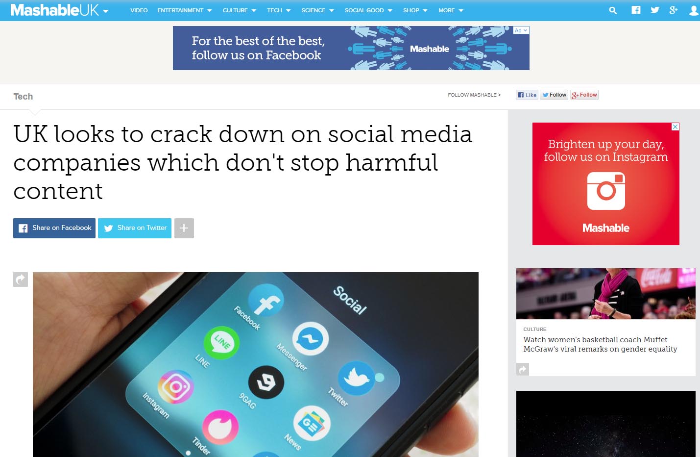 UK looks to crack down on social media companies which don’t stop harmful content (Mashable, 8 April 2019)