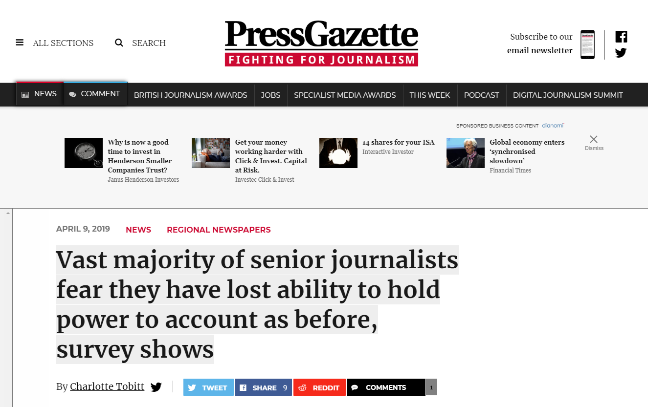 Vast majority of senior journalists fear they have lost ability to hold power to account as before, survey shows (Press Gazette,