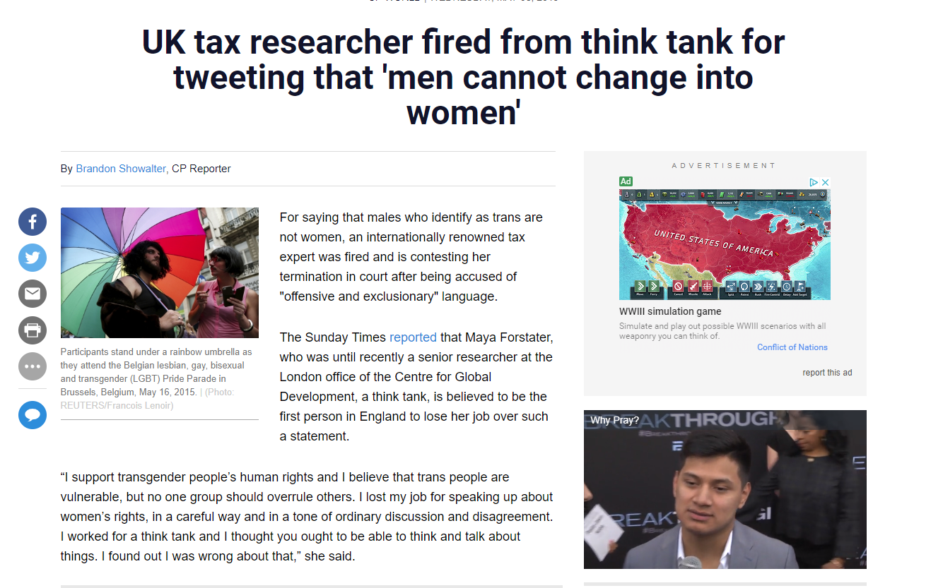 UK tax researcher fired from think tank for tweeting that ‘men cannot change into women’ (Christian Post, 8 May 2019)