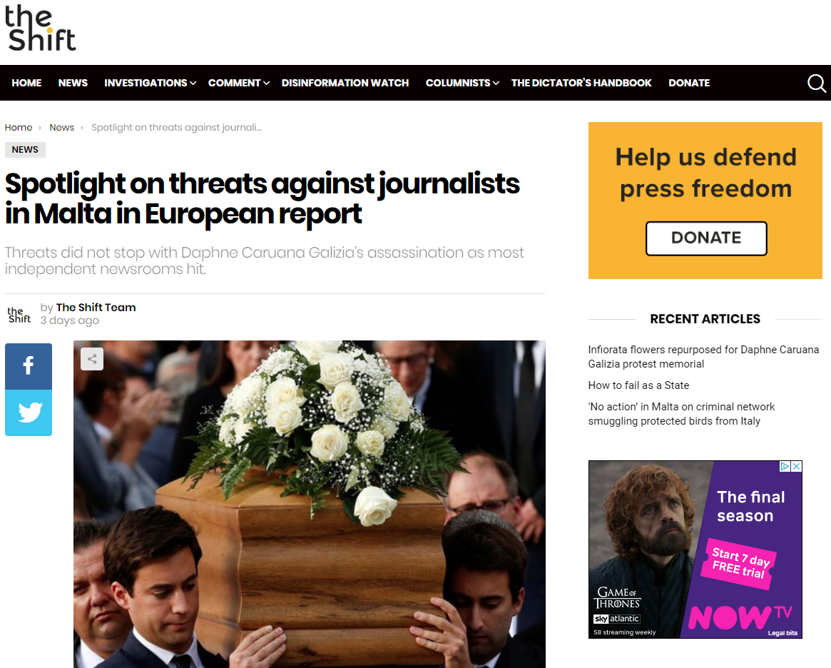Spotlight on threats against journalists in Malta in European report (The Shift News, 10 May 2019)