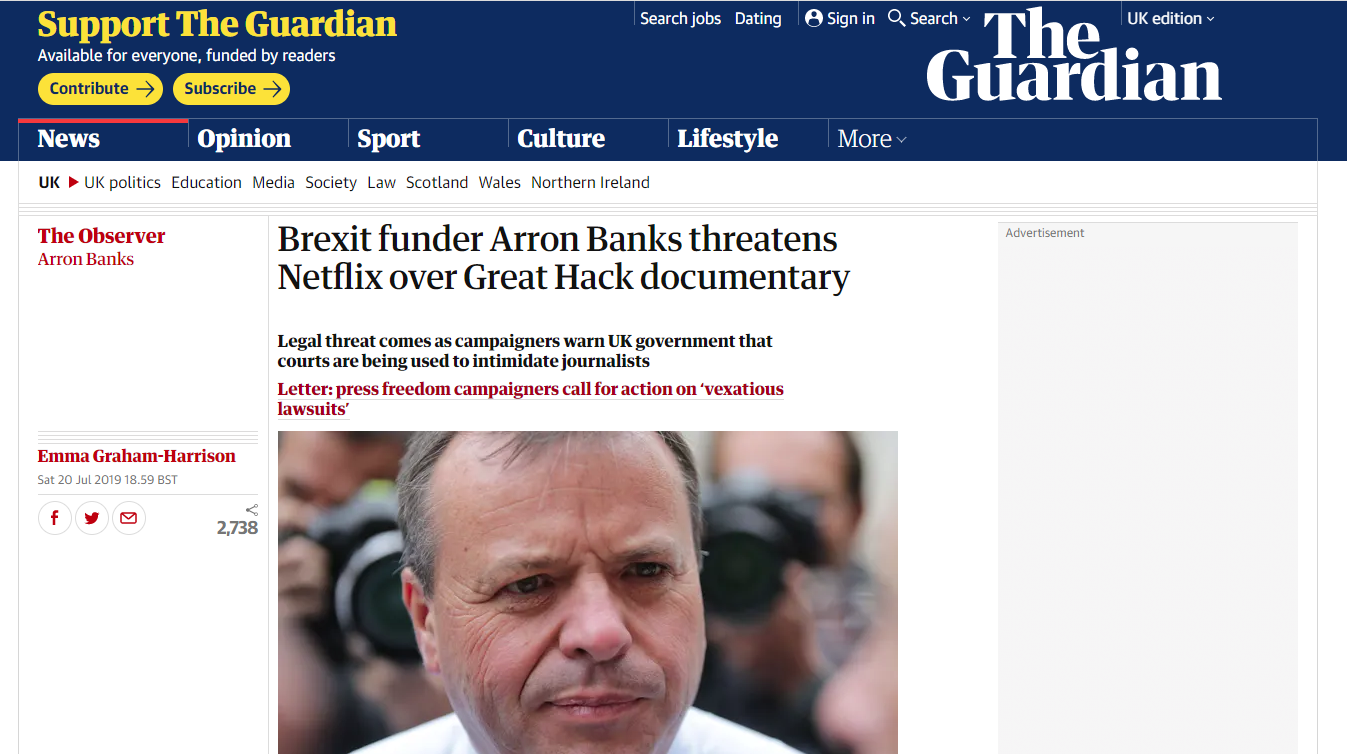 Brexit funder Arron Banks threatens Netflix over Great Hack documentary (The Guardian)