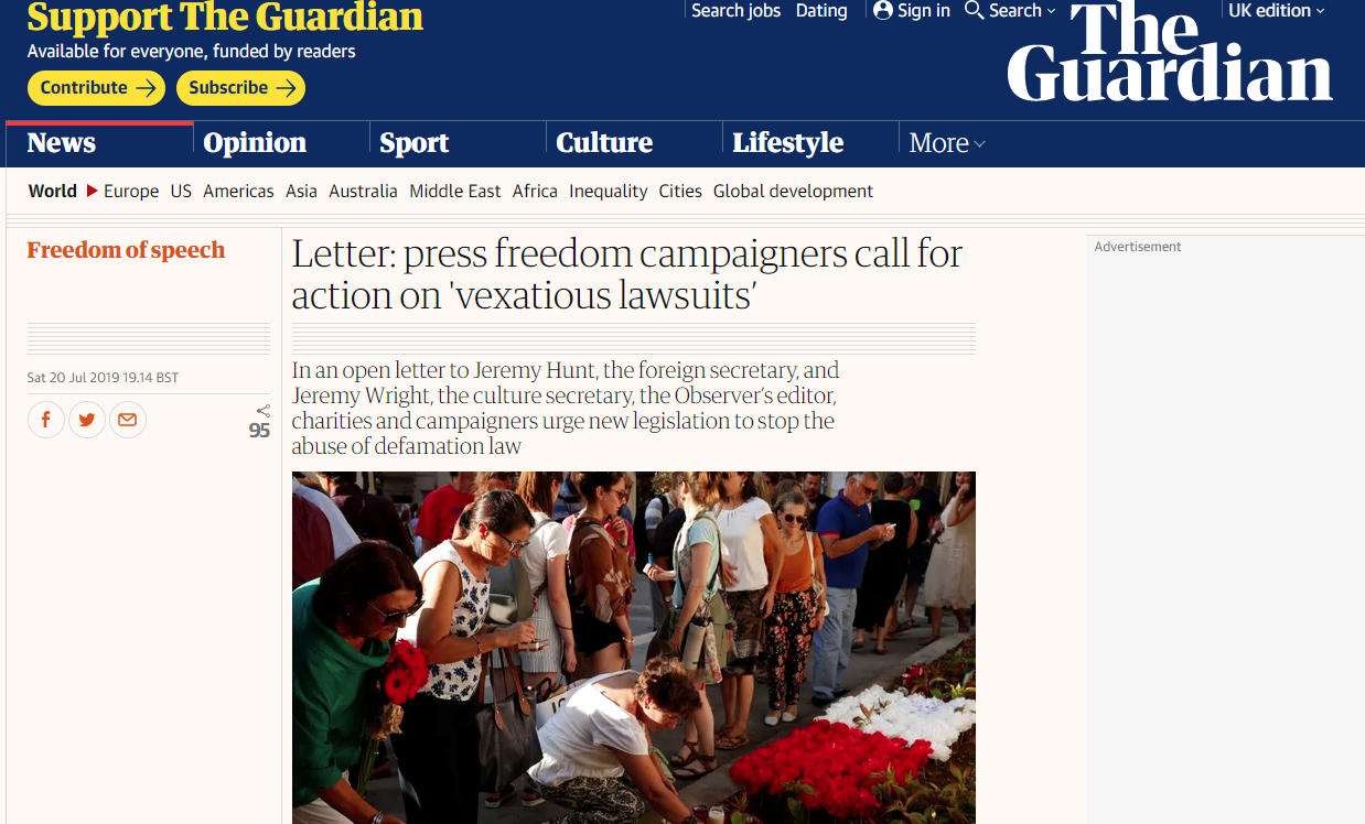 Letter: press freedom campaigners call for action on ‘vexatious lawsuits’ (The Guardian)