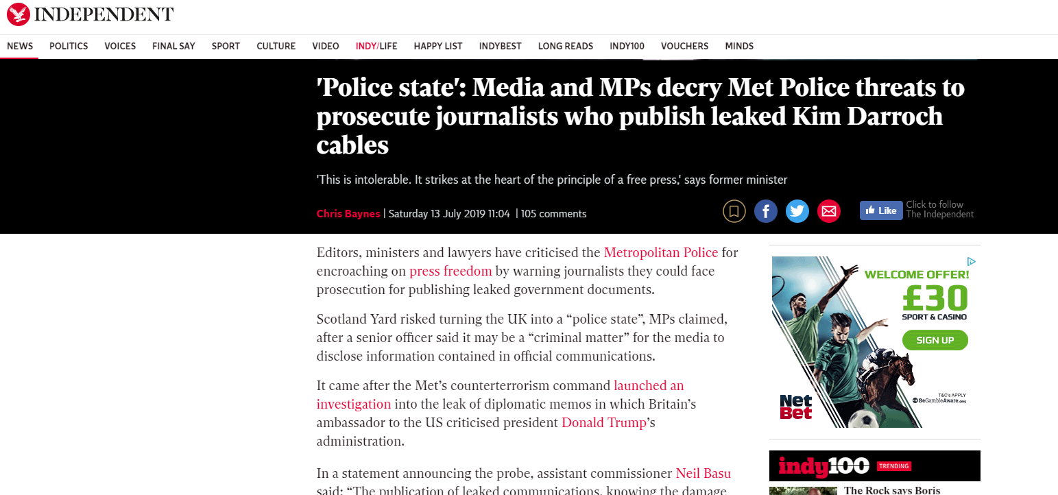 ‘Police state’: Media and MPs decry Met Police threats to prosecute journalists who publish leaked Kim Darroch cables (Independent)