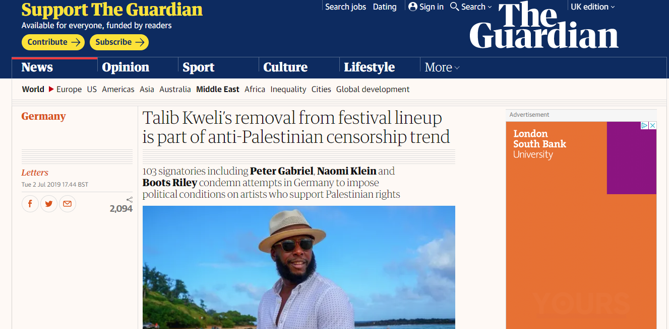 Talib Kweli’s removal from festival lineup is part of anti-Palestinian censorship trend (The Guardian)