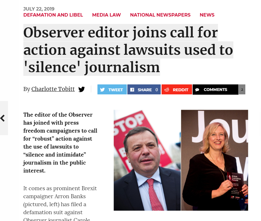 Observer editor joins call for action against lawsuits used to ‘silence’ journalism (Press Gazette)