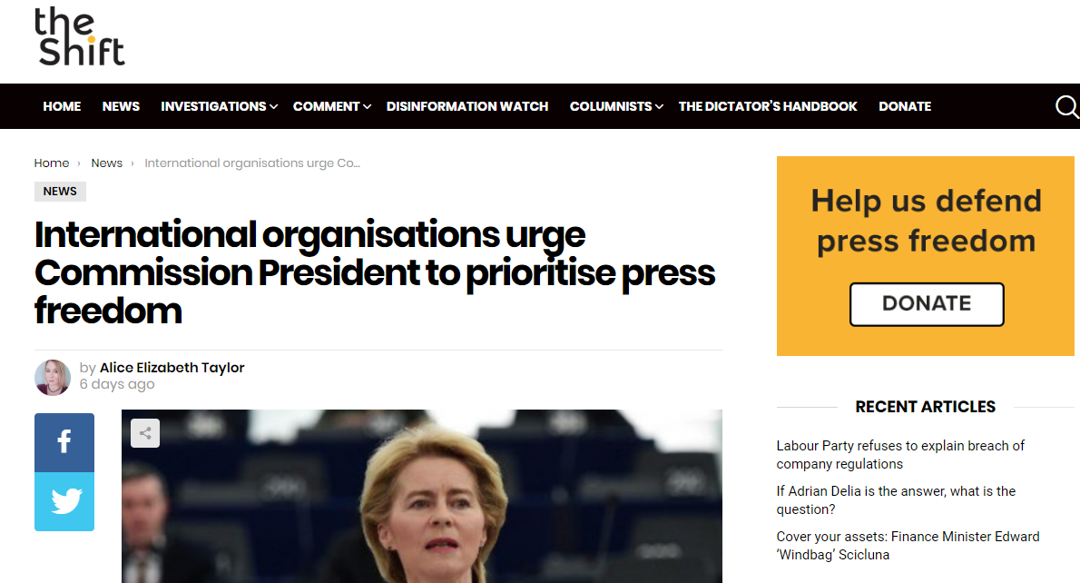 International organisations urge Commission President to prioritise press freedom (The Shift News)