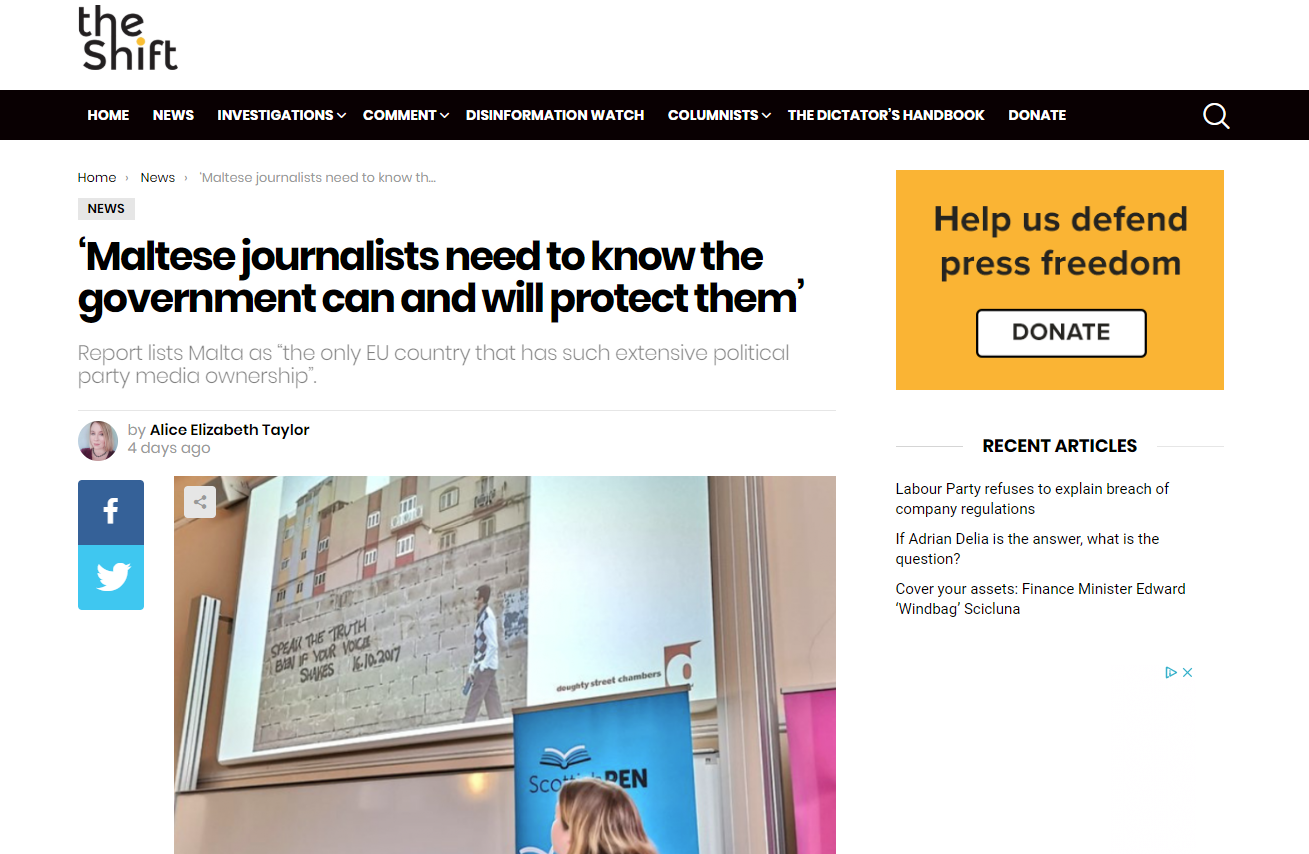 ‘Maltese journalists need to know the government can and will protect them’ (The Shift News)