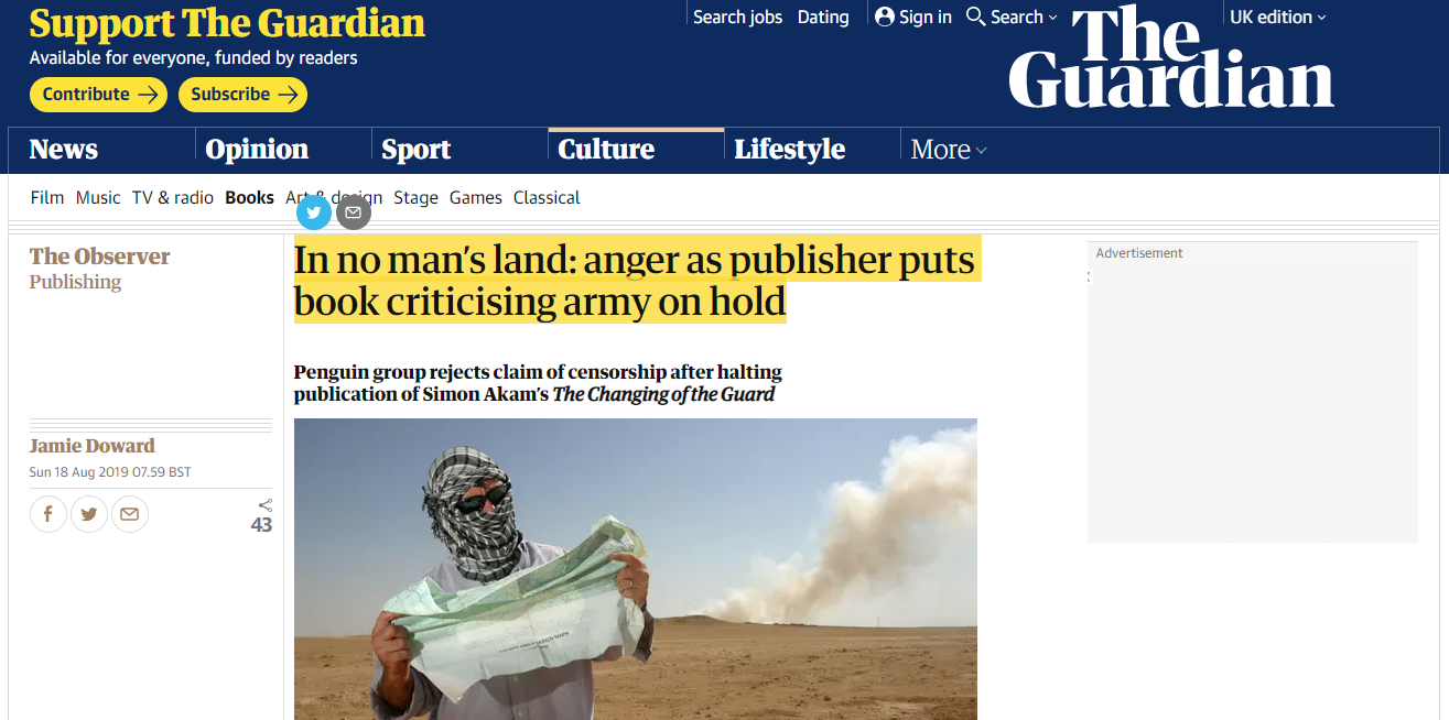 In no man’s land: anger as publisher puts book criticising army on hold (Observer)