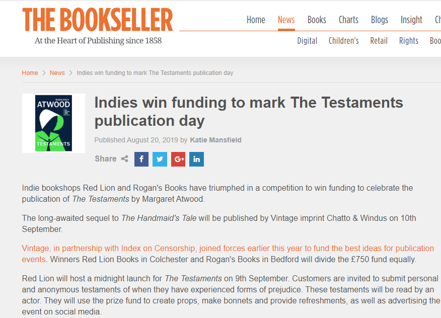 Indies win funding to mark The Testaments publication day (Bookseller)