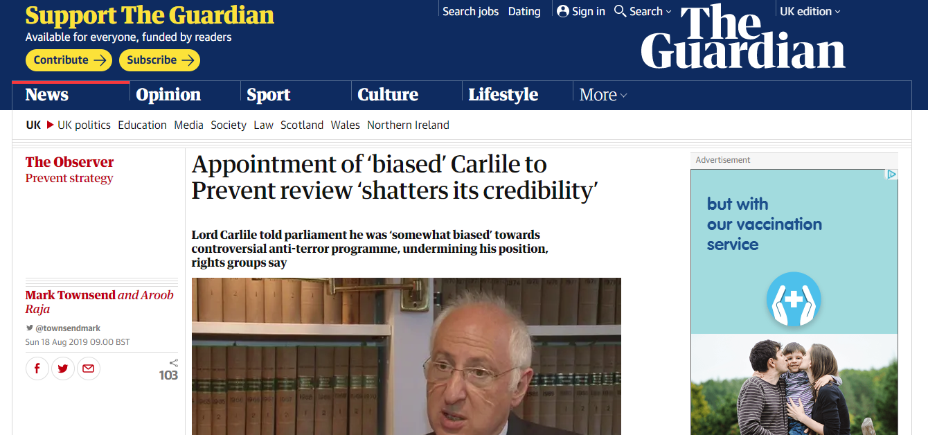 Appointment of ‘biased’ Carlile to Prevent review ‘shatters its credibility’ (Observer)