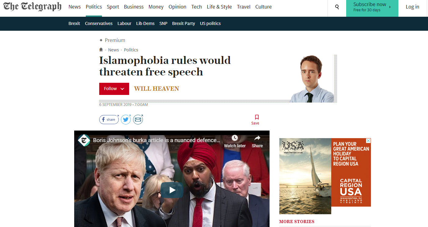 Islamophobia rules would threaten free speech (The Telegraph)