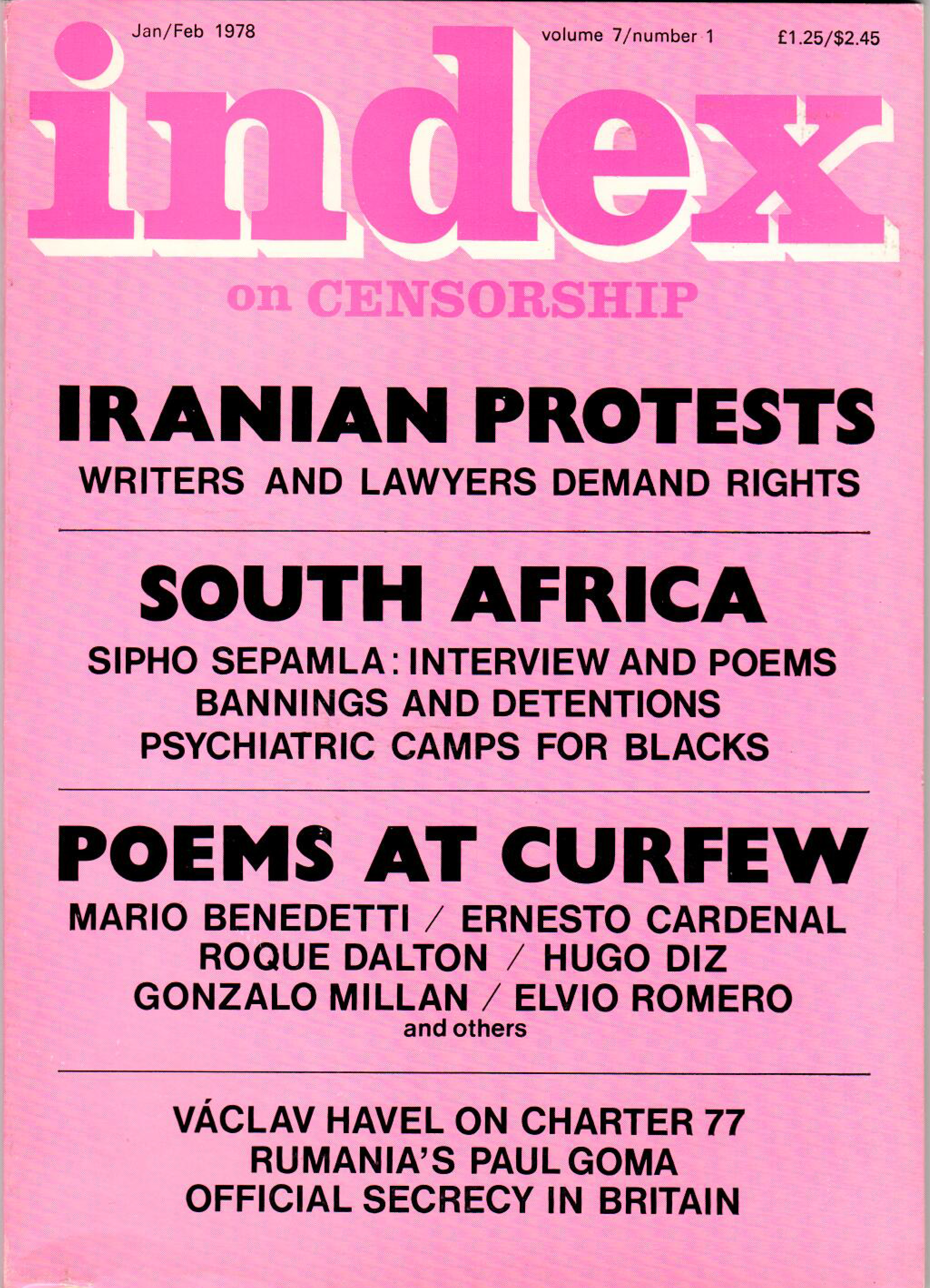 Iranian protests: writers and lawyers demand rights, the January 1978 issue of Index on Censorship magazine