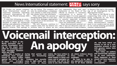 News of the World voicemail apology cover