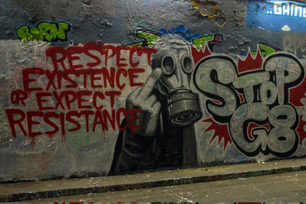 Stop G8 graffiti goes up in the Graffiti Tunnel, Banksy Tunnel, in London. (Photo: David Rowe / Demotix)