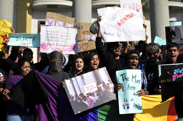 Gay rights activists chant slogans against a Supreme Court ruling criminalising gay sex in Bangalore, India (Image: Abhishek Chinnappa/Demotix)