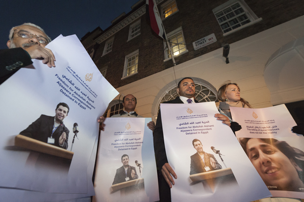 In November 2013, the National Union of Journalists (NUJ UK and Ireland), the International Federation of Journalists (IFJ) and the Aljazeera Media Network organised a show of solidarity for the journalists who have been detained, injured or killed in Egypt. (Photo: Lee Thomas / Demotix)