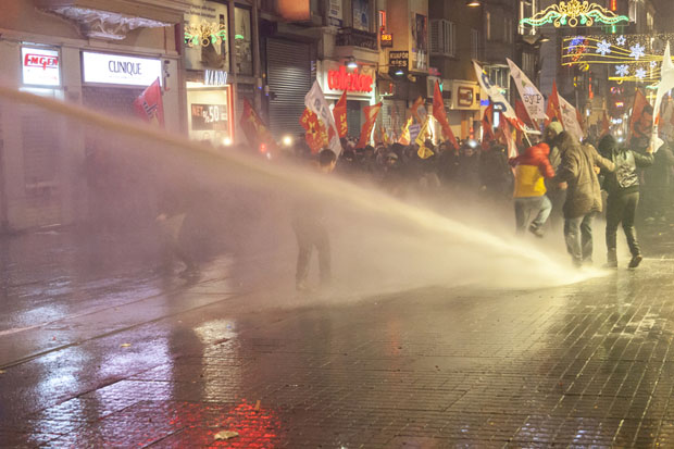 Police in Istanbul use water cannons on protesters against the amendments to internet law (Image: Bulent Selcuk/Demotix)
