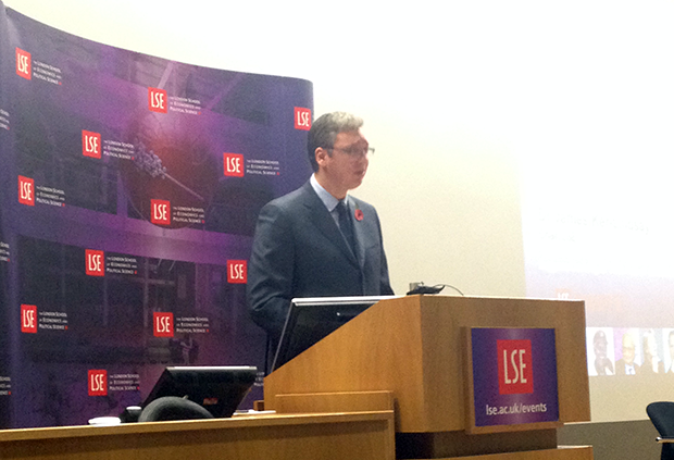 Serbian Prime Minister Aleksandar Vucic speaking at LSE (Photo: Milana Knezevic)