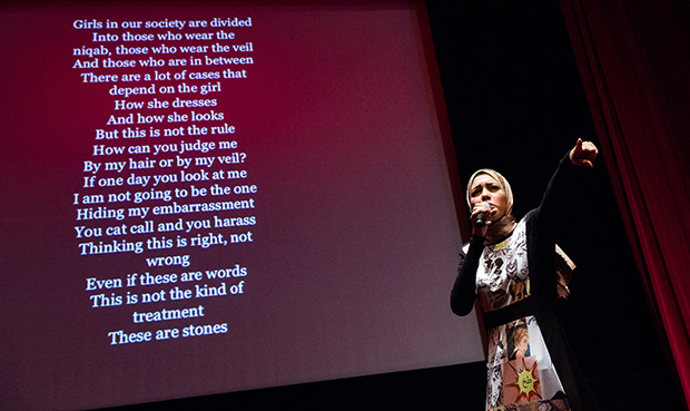 2014 Index Arts award winner Mayam Mahmoud   at the awards ceremony in March. (Photo: Alex Brenner for Index on Censorship)