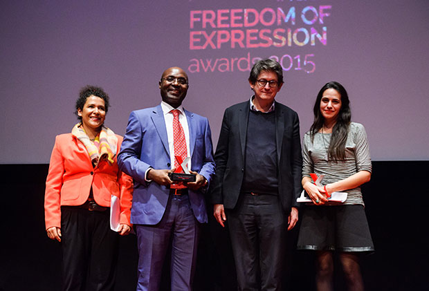  Journalist and campaigner Mariane Pearl, journalism award recipient Rafael Marques de Morais, Guardian editor Alan Rusbridger and journalism award recipient Safa Al Ahmad (Photo: Alex Brenner for Index on Censorship)