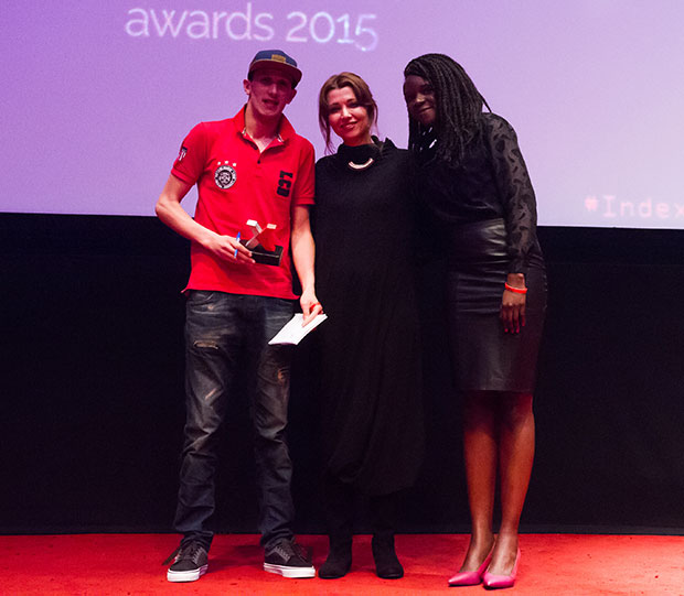 Arts category winner Mouad “El Haqed” Belghouat, novelist Elif Shafak and actor Stella Odunlami (Photo: Alex Brenner for Index on Censorship)