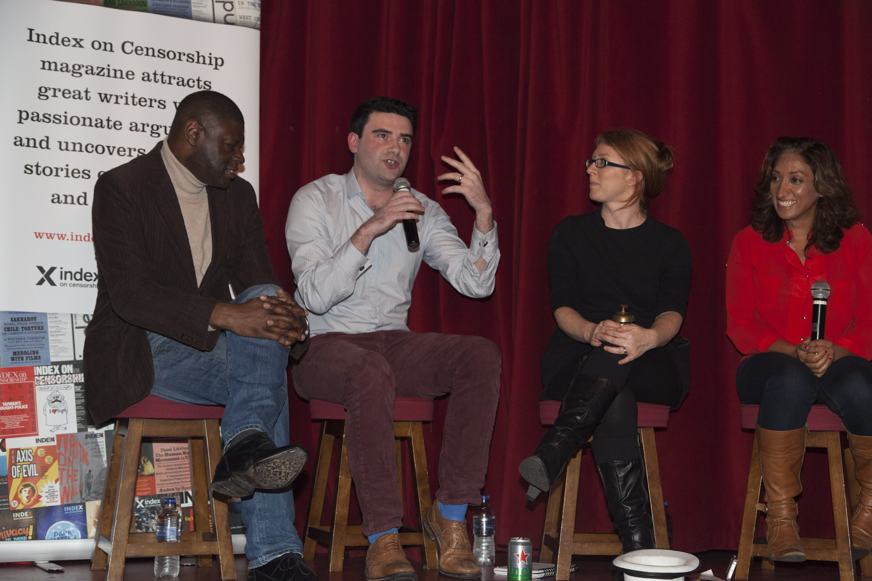 Kunle Olulode, Max Wind-Cowie, Jodie Ginsberg and Shazia Mirza at last nights debate (Photo: Sean Gallagher / Index on Censorship)