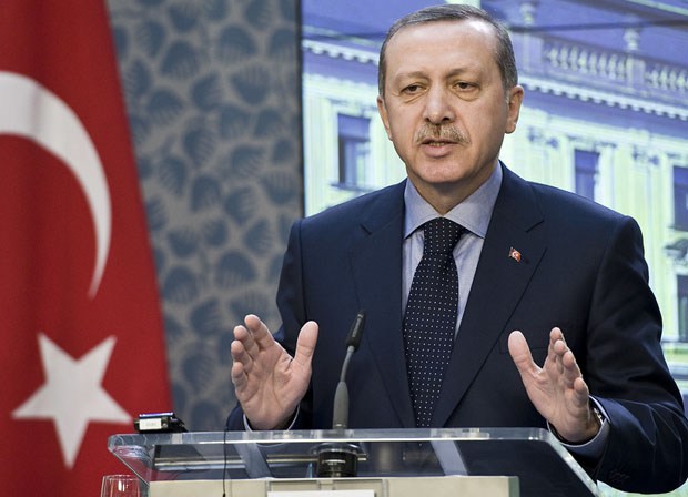 Prague, Czech Republic. 4th February 2013 -- Turkish Prime Minister Recep Tayyip Erdogan gestures during a press conference