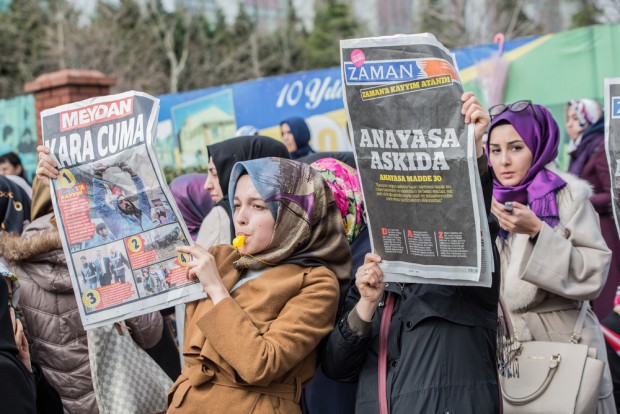 People gather in solidarity outside Zaman newspaper in Istanbul in March 2016