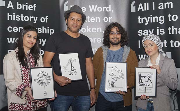 Winners of the 2016 Freedom of Expression Awards: from left, Farieha Aziz of Bolo Bhi (campaigning), Serge Bambara -- aka "Smockey" (Music in Exile), Murad Subay (arts), Zaina Erhaim (journalism). GreatFire (digital activism), not pictured, is an anonymous collective. Photo: Sean Gallagher for Index on Censorship