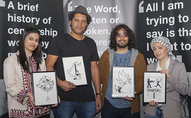 Winners of the 2016 Freedom of Expression Awards: from left, Farieha Aziz of Bolo Bhi (campaigning), Serge Bambara -- aka "Smockey" (Music in Exile), Murad Subay (arts), Zaina Erhaim (journalism). GreatFire (digital activism), not pictured, is an anonymous collective.