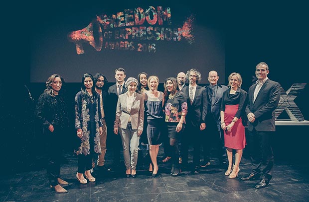 #IndexAwards2016: Shazia Mirza, Farieha Aziz, Murad Subay, Jake Hanrahan, Zaina Erhaim, Nadia Latif, Jodie Ginsberg, Bindi Karia, Anthony House, James Rhodes, Martyn Ware, Kirsty Brimelow, Ziyad Marar (Photo: Elina Kansikas for Index on Censorship)