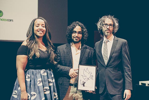 Theatre director Nadia Latif, 2016 Freedom of Expression Arts Award Murad Subay and pianist James Rhodes (Photo: Elina Kansikas for Index on Censorship)