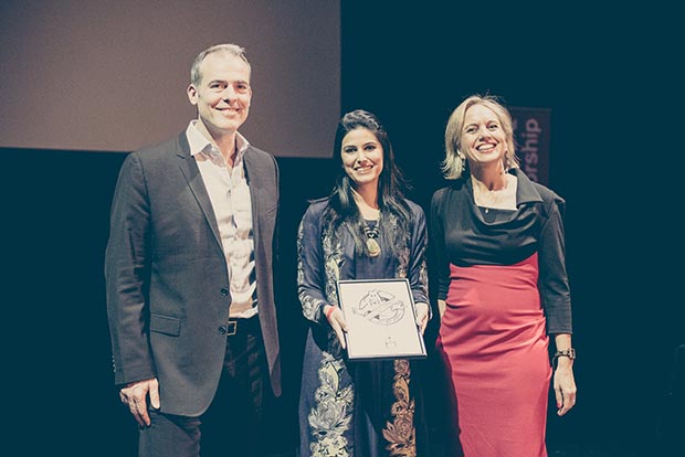 Sage’s Ziyad Marar, Fareiah Aziz, director of the 2016 Freedom of Expression Campaigning Award Bolo Bhi and human rights barrister at Doughty Street Chambers London Kirsty Brimelow (Photo: Elina Kansikas for Index on Censorship)