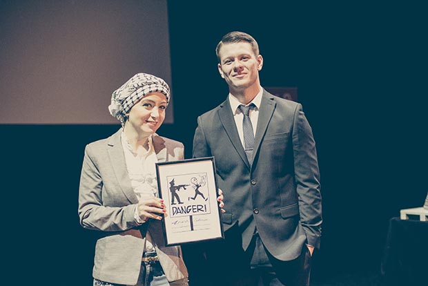 2016 Freedom of Expression Journalism Award winner Zaina Erhaim and Jake Hanrahan of Vice News (Photo: Elina Kansikas for Index on Censorship)