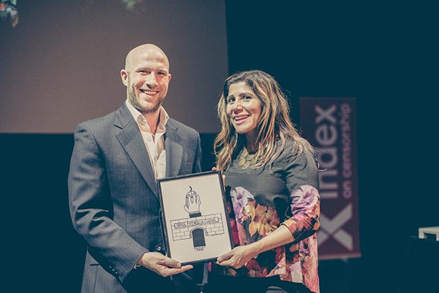 Google's Anthony House and tech entrepreneur Bindi Karia presented the 2016 Freedom of Expression Digital Activism Award to anonymous tech collective GreatFire (Photo: Elina Kansikas for Index on Censorship)