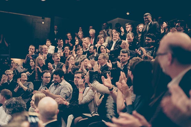 Zulkiflee Anwar Haque, aka "Zunar", upper right, is saluted by the audience. (Photo: Elina Kansikas for Index on Censorship)